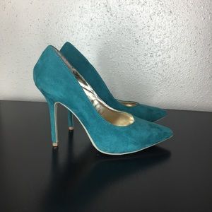 Teal suede pumps